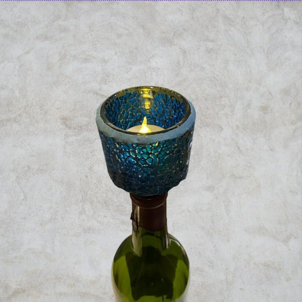 WINE STOPPER -- Unique Tea Light Holder, Blue Mosaic Glass, Fits Standard Bottle